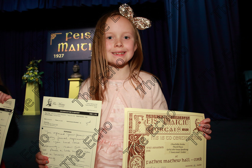 Feis23032019Sat02 
 2
3rd place Charlotte Roche from Whites Cross.

Class: 368: Solo Verse Speaking Girls 7 Years and Under Section 3
Either: The Mermaid Theresa Heine or Night Ride Celia Warren.

Feis Maiti 93rd Festival held in Fr. Mathew Hall. EEjob 23/03/2019. Picture: Gerard Bonus.