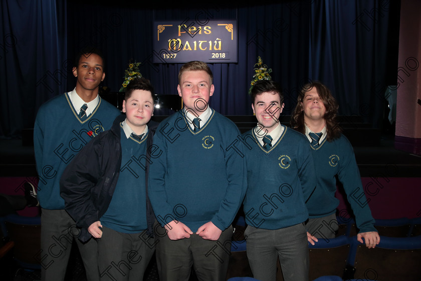 Feis12042018Thu51 
 51
Cian Pierce, Jack McEvoy, Alex Newman, Andrew Lane and Mateusz Halada Glanmire Community School Senior Choir
Feis Maiti 92nd Festival held in Fr. Mathew Hall. EEjob 12/04/2018 Picture: Gerard Bonus