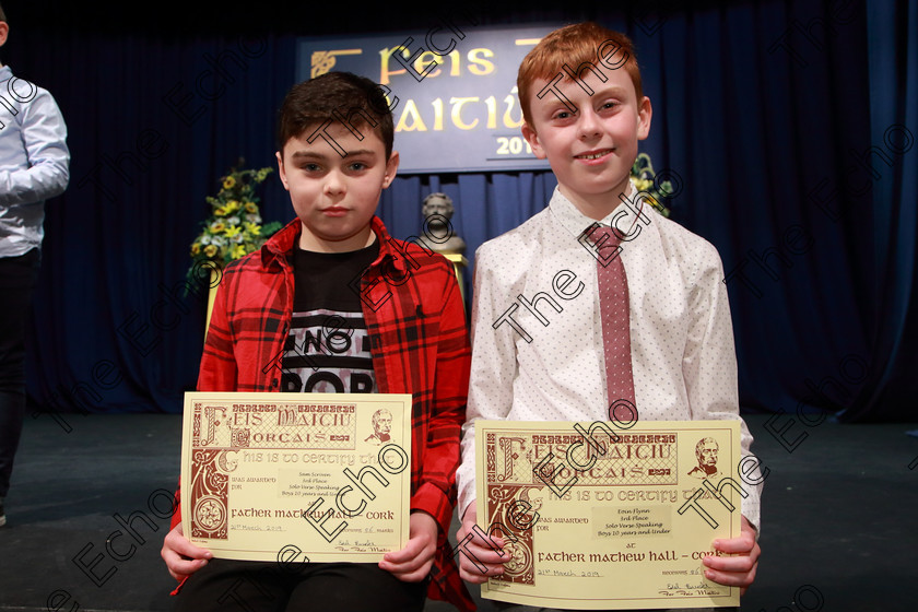 Feis21032019Thu03 
 3
Joint 3rd Sam Scriven and Eoin Flynn.

Class: 379: Solo Verse Speaking Boys 10 Years and Under Section 1Either: November Night Countdown Moira Andrew or Wellingtons Gareth Owen.

Feis Maiti 93rd Festival held in Fr. Mathew Hall. EEjob 21/03/2019. Picture: Gerard Bonus.