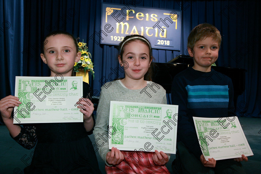 Feis07022018Wed10 
 10
Highly Commended Robin Simmon-Whorton from Kenmare; Yvie Lynch from Bishopstown and Charlie Kaar from Donaghmore
 Instrumental Music Class: 167: Piano Solo8 Years and Under Feis Maiti 92nd Festival held in Fr. Mathew Hall. EEjob 05/02/2018 Picture: Gerard Bonus.