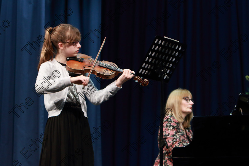 Feis0502109Tue19 
 18~20
Meadhbh N Chathasaigh from Farran performing accompanied by Susan OBrien.

Class: 232: The Houlihan Memorial Perpetual Cup String Repertoire 14 Years and Under Programme of contrasting style and period, time limit 12 minutes.

Feis Maiti 93rd Festival held in Fr. Matthew Hall. EEjob 05/02/2019. Picture: Gerard Bonus