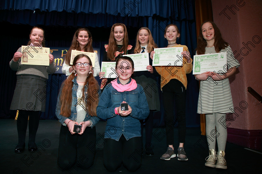 Feis20022018Tue30 
 30
Bronze Medallist, Siobhn Carter from Bishopstown; Silver Medallist, Jane Larkin from Ballinora; Joint 3rd place Livia Dennis from Wilton and Kate Flynn from Bishopstown; Commended Saoirse McGuinness from Ballincollig; Jennifer Sharkey from Rochestown; Maeve Watkins from Mayfield and Lucy ORegan from Cloyne.
 Speech and Drama Class: 364: Girls 11 Years and Under Section 1 Feis Maiti 92nd Festival held in Fr. Mathew Hall. EEjob 20/02/2018 Picture: Gerard Bonus.