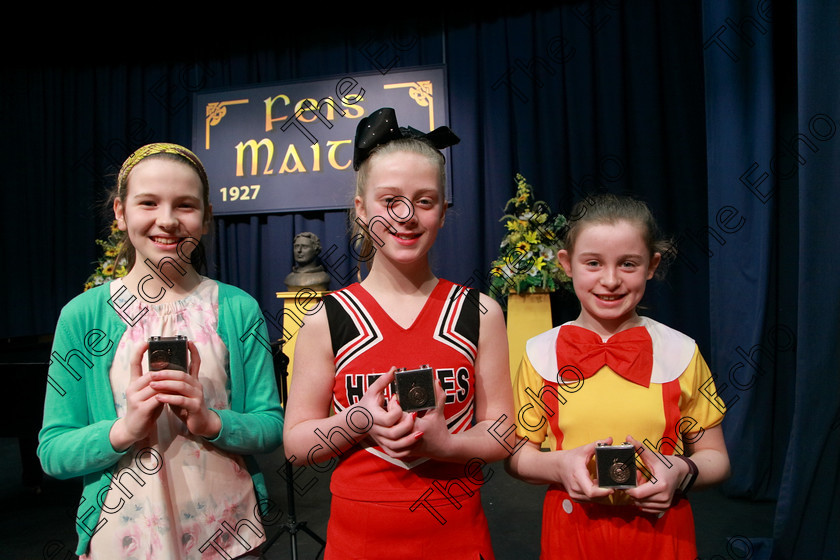 Feis06032018Tue29 
 29
Bronze Medallists Sarah Hadden from Mallow for her performance of Honey, Honey from Abba The Movie; Caitlin OCallaghan from Glanmire for her performance of Killer Instinct and Ciara Cotterell from Wilton.
 Singing and School Choirs Class: 113: The Edna McBirney Memorial Perpetual Award Solo Action Song 12 Years and Under Section 2 Feis Maiti 92nd Festival held in Fr. Mathew Hall. EEjob 06/03/2018 Picture: Gerard Bonus.