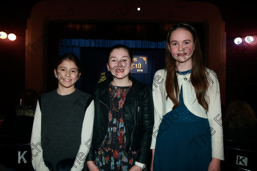 Feis26022018Mon03 
 3
Performers Juliet Jolley, Grace Murphy and Natasha Lotty from Kinsale, Blarney and Frankfield
 Speech and Drama Class: 364: Solo Verse Speaking Girls 11 Years and Under Section 2 Feis Maiti 92nd Festival held in Fr. Mathew Hall. EEjob 26/02/2018 Picture: Gerard Bonus.