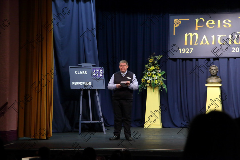 Feis27032019Wed06 
 6
Timothy McCarthy Director of Feis Maiti.

Choral Speaking Class: 475: The Curran Memorial Perpetual Cup 5thClass (a) The Dragon Who Ate Our School Nick Toczek (b) Own Choice.
Class: 477: The Catherine Mahon Perpetual Cup 3rdClass (a) Queue for the Zoo Clare Bevan. (b) Own Choice.

Feis Maiti 93rd Festival held in Fr. Mathew Hall. EEjob 27/03/2019. Picture: Gerard Bonus