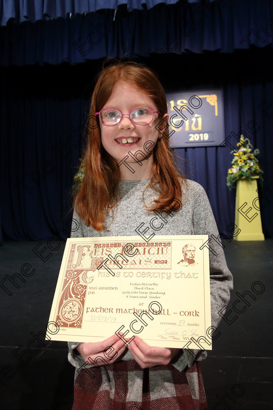 Feis31032019Sun04 
 4
3rd place Evelyn McCarthy from Boreenmana Road.

Class: 367: Solo Verse Speaking Girls 8 Years and Under Section 5 Either: Breakdown Jean Kenward or The Haunted House John Foster.

Feis Maiti 93rd Festival held in Fr. Mathew Hall. EEjob 31/03/2019. Picture: Gerard Bonus