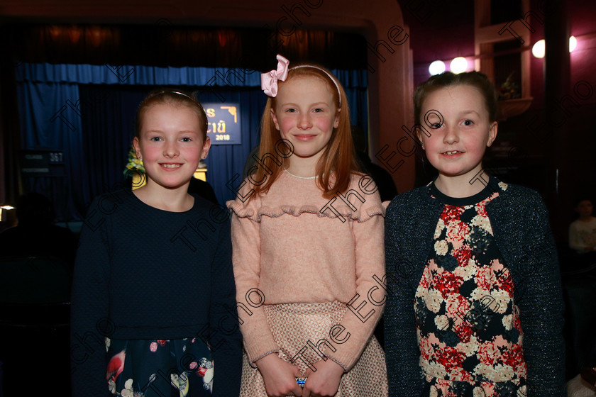 Feis11032018Sun06 
 6
Performers Aislinn OConnor, Lucy-Anne McAuliffe and Jill Buckley from Mourne Abbey.
 Singing and School Choirs Class: 367: Solo Verse Speaking Girls 8 Years and Under Section 5 Feis Maiti 92nd Festival held in Fr. Mathew Hall. EEjob 06/03/2018 Picture: Gerard Bonus.