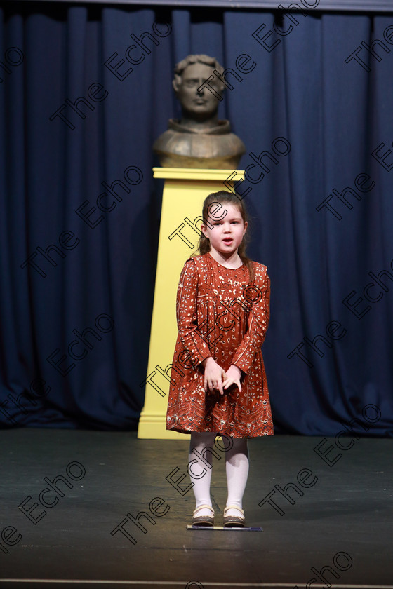 Feis23032019Sat34 
 34
Calie Cotter from Whites Cross reciting her poem.

Class: 369: Solo Verse Speaking Girls 6 Years and Under Section 2 Either Ice Cone Island Bernard Lodge or Night Fright Marian Swinger.

Feis Maiti 93rd Festival held in Fr. Mathew Hall. EEjob 23/03/2019. Picture: Gerard Bonus.