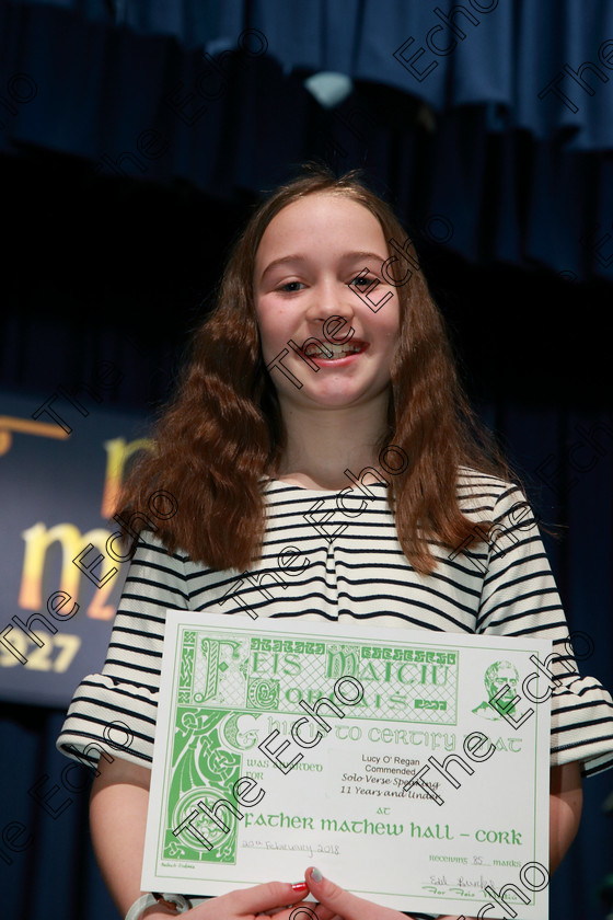 Feis20022018Tue38 
 38
Commended Lucy ORegan from Cloyne.
 Speech and Drama Class: 364: Girls 11 Years and Under Section 1 Feis Maiti 92nd Festival held in Fr. Mathew Hall. EEjob 20/02/2018 Picture: Gerard Bonus.