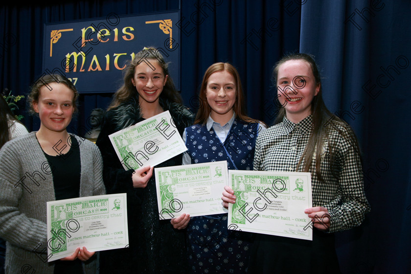 Feis20022018Tue89 
 89
Commended Lucy Harty from The City Centre; Joy OKelly from Wilton; Eibhe McManamy from Douglas and Kate Tompkins from Bishopstown.
 Speech and Drama Class: 326: The James ODonovan Memorial Perpetual Cup Year sand Dramatic Solo 14 Section 2 Under Feis Maiti 92nd Festival held in Fr. Mathew Hall. EEjob 20/02/2018 Picture: Gerard Bonus.