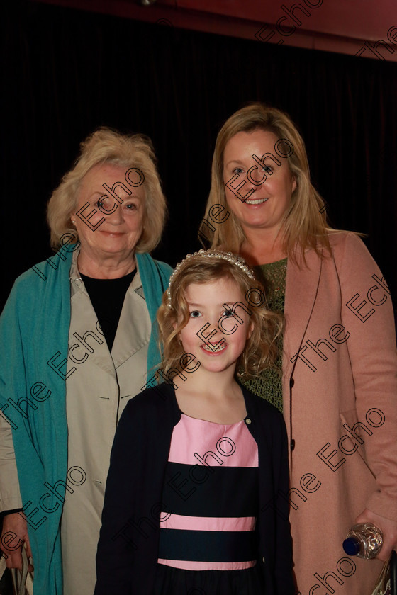 Feis23032019Sat14 
 14
Performer Lia OToole from Carrigaline with her Aunt Amy Cronin and Grandmother Ann.

Class: 367: Solo Verse Speaking Girls 8Years and Under Section 3 Either: Breakdown Jean Kenward or The Haunted House John Foster.

Feis Maiti 93rd Festival held in Fr. Mathew Hall. EEjob 23/03/2019. Picture: Gerard Bonus.