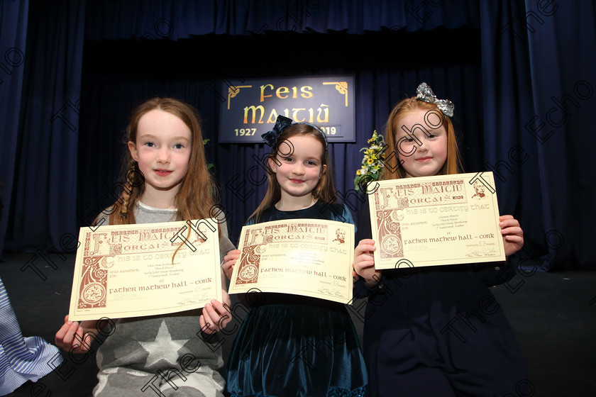 Feis31032019Sun58 
 58
3rd place Ellie Mai Williamson from Lisevine; Erica Downey from Carrigtwohill and Cliona Aherne from Ballinora.

Class: 368: Solo Verse Speaking Girls 7 Years and Under Section 5 Either: The Mermaid Theresa Heine. Or: Night Ride Celia Warren.

Feis Maiti 93rd Festival held in Fr. Mathew Hall. EEjob 31/03/2019. Picture: Gerard Bonus