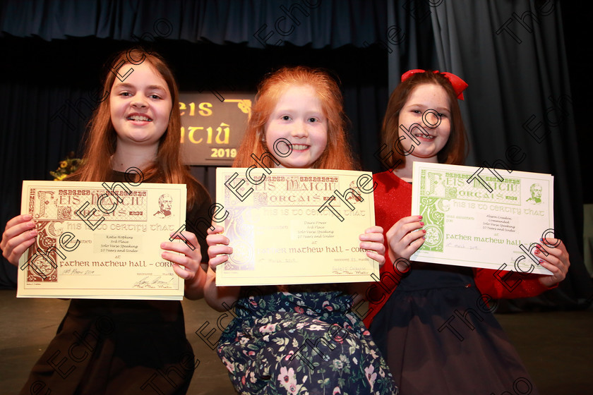 Feis19032019Tue07 
 7
Joint 3rd place Kate Hopkins and Daire Power and Commended Alison Creedon from Passage West.

Class: 365: Solo Verse Speaking Girls 10Years and Under Section 2 Either: Meeting Rachel Field or: Wanted A Witches Cat Shelagh McGee.

Feis Maiti 93rd Festival held in Fr. Mathew Hall. EEjob 19/03/2019. Picture: Gerard Bonus.