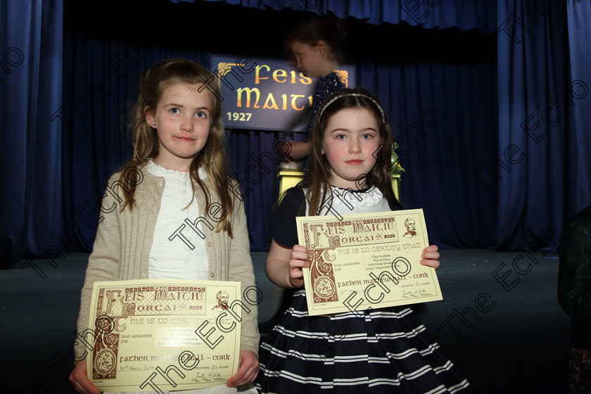 Feis30032019Sat54 
 54
3rd place Kate Bradley from Model Farm Road and Ellie Mullins from Ovens.

Class: 368: Solo Verse Speaking Girls 7 Years and Under Section 4 Either: The Mermaid Theresa Heine or Night Ride Celia Warren.

Feis Maiti 93rd Festival held in Fr. Mathew Hall. EEjob 30/03/2019. Picture: Gerard Bonus