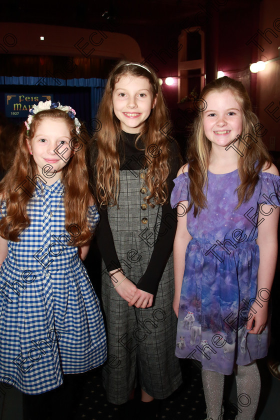 Feis22032019Fri06 
 6
Performers Isabelle Buckley, Meave Wallace and Isobel Flynn from Aghada.

Class: 365: Solo Verse Speaking Speaking Girls 10 Years and Under10Year sand Under Section 3. Either: Meeting Rachel Field or. Or: Wanted A Witches Cat Shelagh McGee.

Feis Maiti 93rd Festival held in Fr. Mathew Hall. EEjob 22/03/2019. Picture: Gerard Bonus.