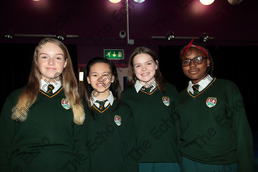 Feis12042018Thu39 
 39
Kate Hogan, Ella Mai Coughlan, Oonagh Grimley and Anu Agoro from 
Ashton School Choir. 
 Singing Class: 83: The Loreto Perpetual Cup Secondary School Unison Choirs Feis Maiti 92nd Festival held in Fr. Mathew Hall. EEjob 12/04/2018 Picture: Gerard Bonus