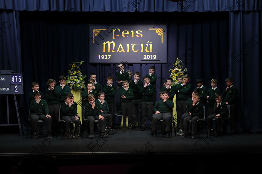 Feis27032019Wed14 
 13~16
St. Colmans Macroom performing Registration.

Choral Speaking Class: 475: The Curran Memorial Perpetual Cup 5thClass (a) The Dragon Who Ate Our School Nick Toczek (b) Own Choice.
Class: 477: The Catherine Mahon Perpetual Cup 3rdClass (a) Queue for the Zoo Clare Bevan. (b) Own Choice.

Feis Maiti 93rd Festival held in Fr. Mathew Hall. EEjob 27/03/2019. Picture: Gerard Bonus