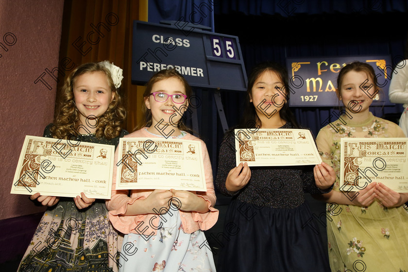 Feis27032018Tue12 
 12
Joint 3rd place Lauren Mills, Saoirse Madden, Aoife Tangney and Aurora Dempsey from Carrigaline, and Kilshanna, Mitchelstown.
 Singing Class: 55: Girls Solo Singing 9 Years and Under Feis Maiti 92nd Festival held in Fr. Mathew Hall. EEjob 27/03/2018 Picture: Gerard Bonus