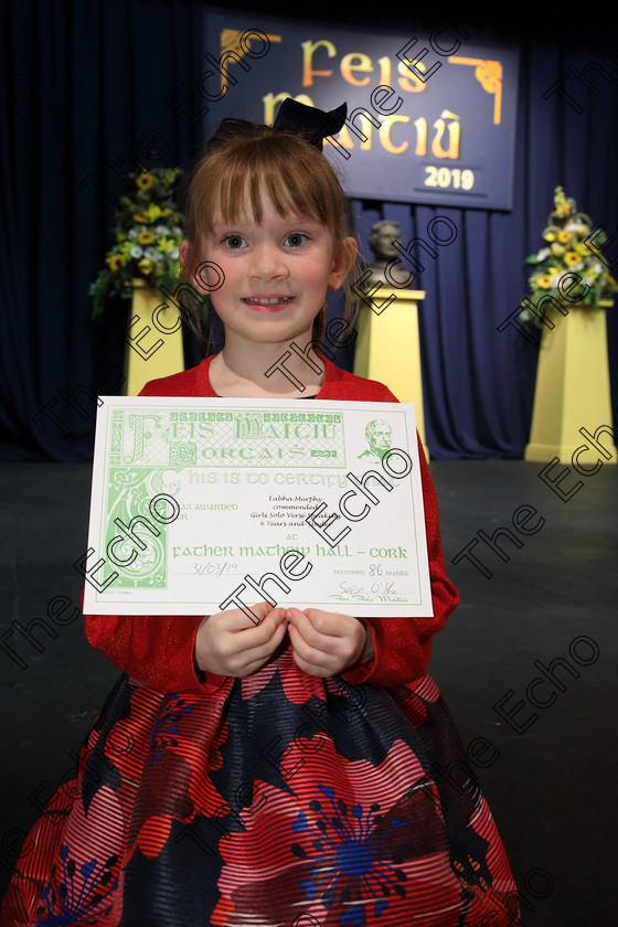 Feis31032019Sun48 
 48
Commended Performance: abha Murphy from Carrigtwohill

Class: 369: Solo Verse Speaking Girls 6 Years and Under Section 3 Either Ice Cone Island Bernard Lodge or Night Fright Marian Swinger.

Feis Maiti 93rd Festival held in Fr. Mathew Hall. EEjob 31/03/2019. Picture: Gerard Bonus