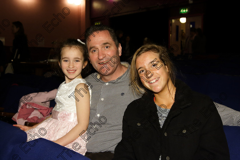 Feis27032018Tue19 
 19
Performer Sydney Forde from Model Farm Road with her dad John and sister Siri.
 Singing Class: 56: 7 Years and Under Crawley The Penguin Dance Feis Maiti 92nd Festival held in Fr. Mathew Hall. EEjob 27/03/2018 Picture: Gerard Bonus