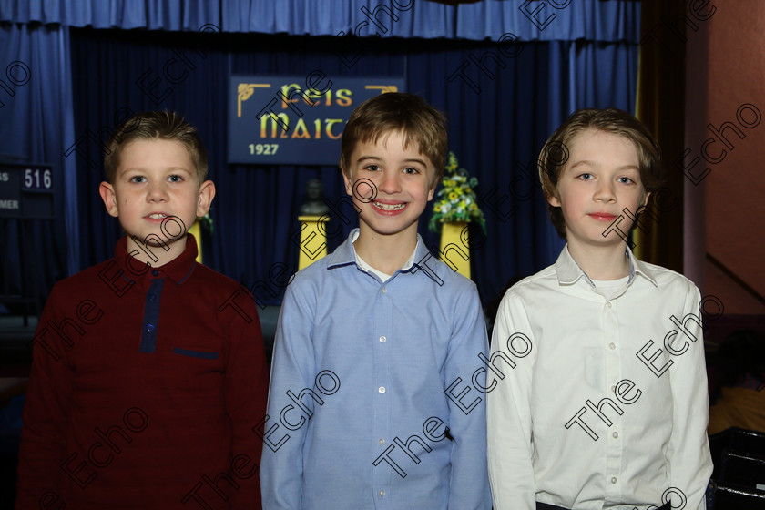 Feis21032018Wed04 
 4
Performers Jerry OSullivan, Fionn Conway and Marc Looney from Gaelscoil U Drisceol.
 Labhairt na Filocht agus Mreanna Drmaochta Class: 516: Bharslabhairt 9 Bliana DAois N Faoina Roinn 1 Feis Maiti 92nd Festival held in Fr. Mathew Hall. EEjob 21/03/2018 Picture: Gerard Bonus