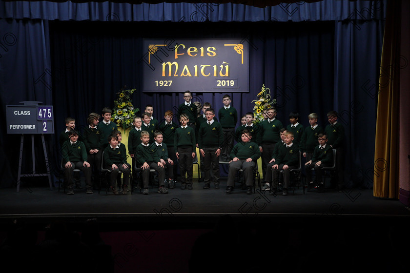 Feis27032019Wed13 
 13~16
St. Colmans Macroom performing Registration.

Choral Speaking Class: 475: The Curran Memorial Perpetual Cup 5thClass (a) The Dragon Who Ate Our School Nick Toczek (b) Own Choice.
Class: 477: The Catherine Mahon Perpetual Cup 3rdClass (a) Queue for the Zoo Clare Bevan. (b) Own Choice.

Feis Maiti 93rd Festival held in Fr. Mathew Hall. EEjob 27/03/2019. Picture: Gerard Bonus