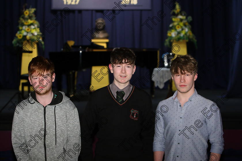 Feis27022018Tue16 
 16
Performers Sean Jones, Deon OCallaghan and Andy McManagan from Rochestown College and Glanmire.
 Singing and School Choirs Class: 10: The Moffit Perpetual Cup Own Accompaniment Feis Maiti 92nd Festival held in Fr. Mathew Hall. EEjob 27/02/2018 Picture: Gerard Bonus.