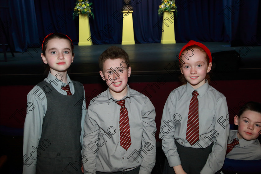 Feis03042019Wed04 
 4
Laragh ODonnell, Scott Richmond and Lucy OConnor from Gaelscoil U Riordn Ballincollig.

Rinn: 533: Corn U Bhuachalla Cr-Reacaireacht 9 Bliana DAois N Faoina An Clog Padraig MacConcoille. (b) A Rogha Fin.

Feis Maiti 93rd Festival held in Fr. Mathew Hall. EEjob 03/04/2019. Picture: Gerard Bonus