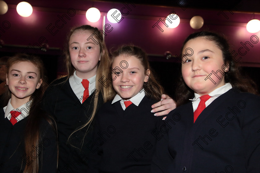 Feis12042018Thu04 
 4
Sophie McCormac, Victoria and Samantha ODonoghue, Cousins and Isabella Sezer from Presentation Primary Fermoy.
 Singing Class: 84: The Sr. M. Benedicta Memorial Perpetual Cup Primary School Unison Choirs Section 1 Feis Maiti 92nd Festival held in Fr. Mathew Hall. EEjob 28/03/2018 Picture: Gerard Bonus