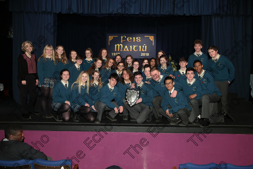 Feis12042018Thu67 
 66~67
Glanmire Community School Senior Choir winners of The Father Mathew Perpetual Shield with Conducted by Ann Mannix.
Singing Class: 81: The Father Mathew Perpetual Shield 19 Years and Under Feis Maiti 92nd Festival held in Fr. Mathew Hall. EEjob 12/04/2018 Picture: Gerard Bonus