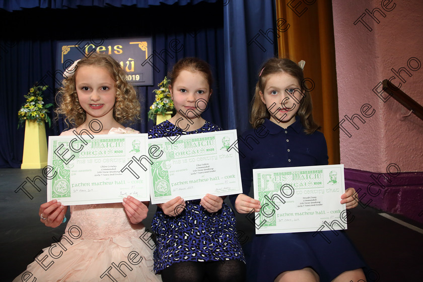 Feis30032019Sat51 
 51
Commended Chloe Crowley, Ellie Fallon and Moyah Deasy from Carrigaline, Midleton and Ballinlough.

Class: 368: Solo Verse Speaking Girls 7 Years and Under Section 4 Either: The Mermaid Theresa Heine or Night Ride Celia Warren.

Feis Maiti 93rd Festival held in Fr. Mathew Hall. EEjob 30/03/2019. Picture: Gerard Bonus