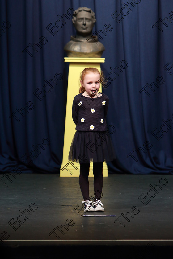 Feis23032019Sat31 
 31
Claire ORegan performing.

Class: 369: Solo Verse Speaking Girls 6 Years and Under Section 2 Either Ice Cone Island Bernard Lodge or Night Fright Marian Swinger.

Feis Maiti 93rd Festival held in Fr. Mathew Hall. EEjob 23/03/2019. Picture: Gerard Bonus.