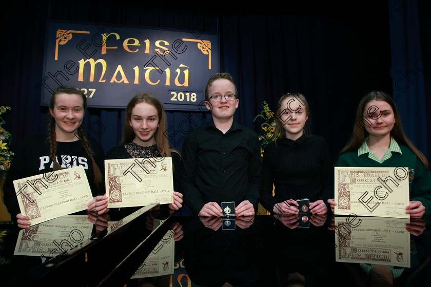 Feis05022018Mon14 
 14
Joint 3rd place Louise Greally from Carrigaline and Kate OShea from Ballincollig; Silver Medallist Cillian  Cathasaigh from Farran; Bronze Medallist; Heather Morrison from Montenotte and Joint 3rd place Siobhan McCarthy from Blackrock.
 Instrumental Music Class: 239: Violin Solo14 Years and Under Feis Maiti 92nd Festival held in Fr. Matthew Hall. EEjob 05/02/2018 Picture: Gerard Bonus.