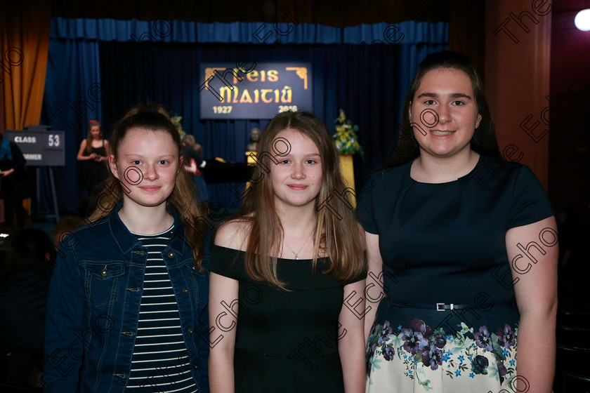 Feis05032018Mon13 
 13
Performers Lea Fitzgerald, Abbie Twomey and Caoinhe Canty from Fermoy.
 Singing and School Choirs Class: 53: Girls Solo Singing 13 Years and Under Section 2 Feis Maiti 92nd Festival held in Fr. Mathew Hall. EEjob 05/03/2018 Picture: Gerard Bonus.