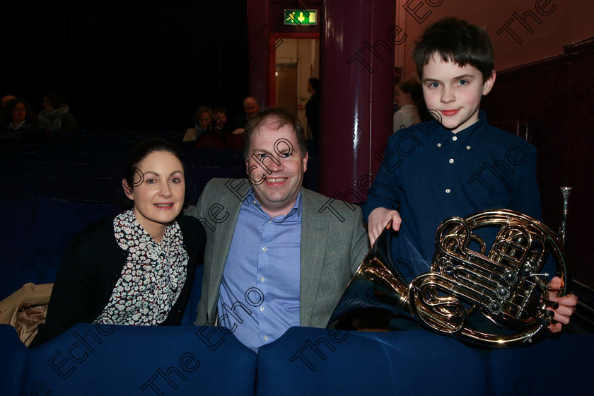 Feis06022018Tue16 
 16
Performer Cian OBrien from Rochestown with his parents Gillian and Brien. 
 Instrumental Music Class: 205: Brass Solo 12 Years and Under Feis Maiti 92nd Festival held in Fr. Mathew Hall. EEjob 05/02/2018 Picture: Gerard Bonus.