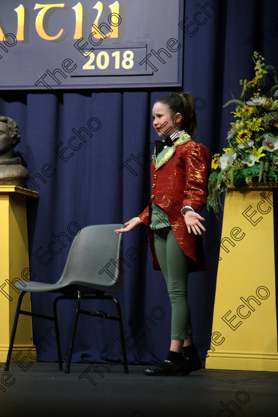 Feis14032018Wed08 
 7~8
Alison Creedon performing as Toad from Wind in the Willows.
 Speech and Drama Class: 328: The Fr. Nessan Shaw Memorial Perpetual Cup Dramatic Solo 10 Years and Under Section1Feis Maiti 92nd Festival held in Fr. Mathew Hall. EEjob 14/03/2018 Picture: Gerard Bonus.