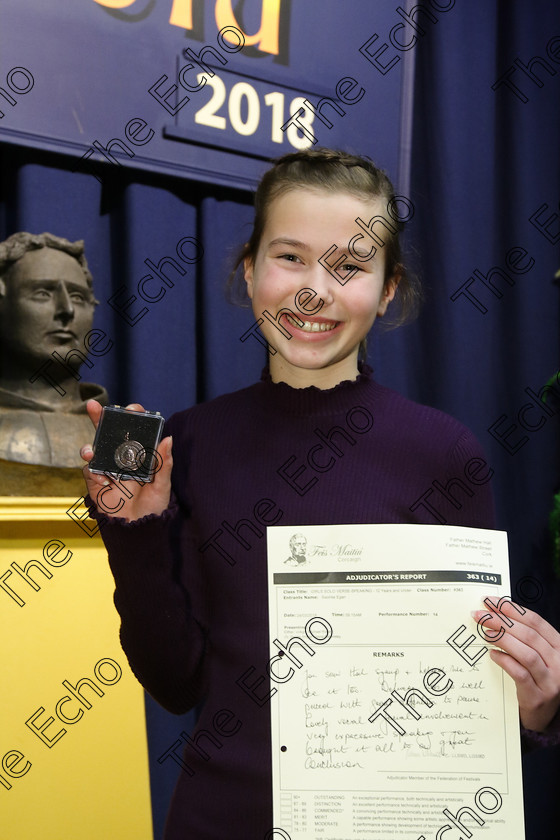 Feis24032018Sat13 
 13
Bronze Medallist Saoirse Egan from Carrigtwohill.
 Speech and Drama Class: 363: Solo Verse Speaking Girls 12 Years and Under Section 2 Feis Maiti 92nd Festival held in Fr. Mathew Hall. EEjob 24/03/2018 Picture: Gerard Bonus