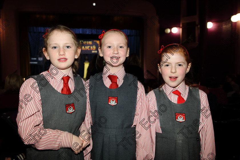 Feis03042019Wed36 
 36
Aoibhinn N Dhugin, Hannah N Sh and Sinal Brethnach from Gaelscoil U Riada Wilton.

Feis Maiti 93rd Festival held in Fr. Mathew Hall. EEjob 03/04/2019. Picture: Gerard Bonus