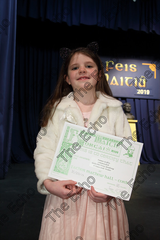 Feis31032019Sun49 
 49
Commended Performance: Emma Griffin from Bishopstown.

Class: 369: Solo Verse Speaking Girls 6 Years and Under Section 3 Either Ice Cone Island Bernard Lodge or Night Fright Marian Swinger.

Feis Maiti 93rd Festival held in Fr. Mathew Hall. EEjob 31/03/2019. Picture: Gerard Bonus