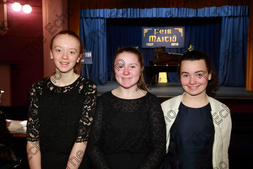 Feis0702109Thu02 
 2
Simone ODonoghue, Sinead Fleming and Anna Tiernan from Douglas, Glasheen and Model Farm Road.

Class: 159: The Maud OHanlon Perpetual Cup Piano Repertoire 14Yearsand Under A Programme of contrasting style and period, time limit 12 minutes.

Feis Maiti 93rd Festival held in Fr. Matthew Hall. EEjob 07/02/2019. Picture: Gerard Bonus