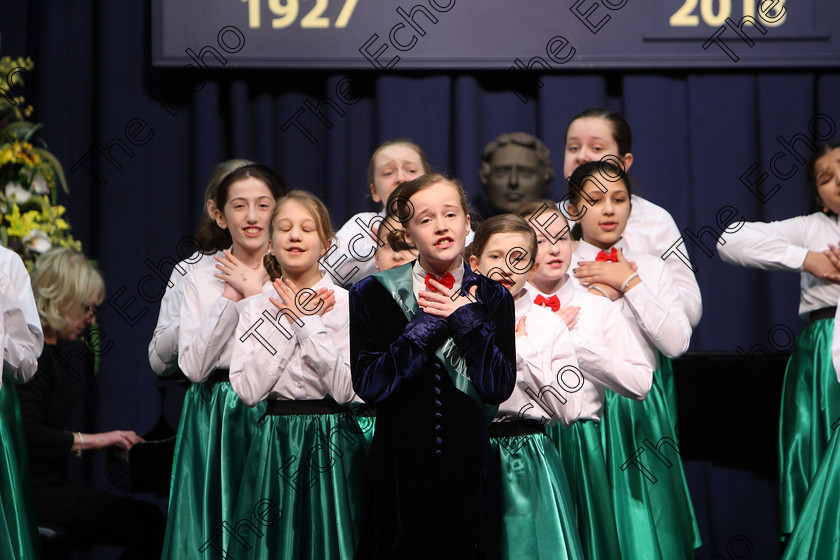 Feis28022018Wed09 
 On a snowy day only one choir made it into the hall for their performance, Scoil mhuire, Ballincollig braved the elements, snow and ice and totally enthralled the adjudicator, Marilynne Davies that she asked them to perform again and they did, spectacularly, showing their skill and talents so well that they were awarded the highest mark of 90 points, a rare achievement made all the more special on a day that most schools were closed due to weather and also making the choirs first visit to eh Feis performing a medley from Mary Poppins during the The Pam Golden Perpetual Cup Group Action Songs Primary Schools Class 104 Feis Maiti 92nd Festival held in Fr. Mathew Hall. EEjob 27/02/2018 Picture: Gerard Bonus.