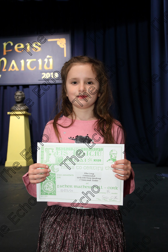 Feis31032019Sun55 
 55
Commended: Ellie-Long from Glenville;

Class: 368: Solo Verse Speaking Girls 7 Years and Under Section 5 Either: The Mermaid Theresa Heine. Or: Night Ride Celia Warren.

Feis Maiti 93rd Festival held in Fr. Mathew Hall. EEjob 31/03/2019. Picture: Gerard Bonus