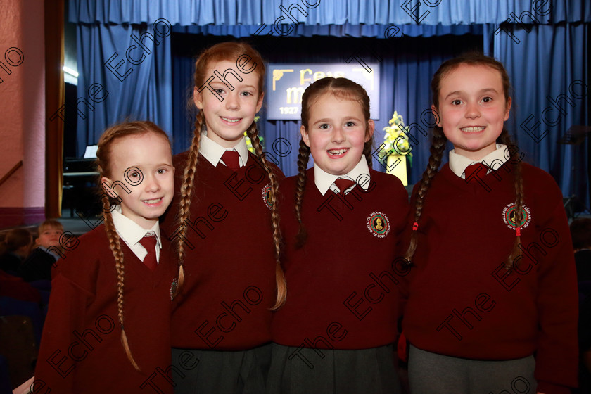 Feis28022019Thu32 
 32
Leah Morrison, Joe Byrne, Alex Kelly and Molly Brierley from Gaelscoil U Eigeartaigh Cobh.

Class: 85: The Soroptimist International (Cork) Perpetual Trophy and Bursary
Bursary Value 130 Unison or Part Choirs 13 Years and Under Two contrasting folk songs.

Feis Maiti 93rd Festival held in Fr. Mathew Hall. EEjob 28/02/2019. Picture: Gerard Bonus