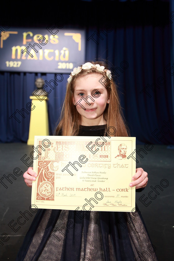 Feis23032019Sat54 
 54
3rd place Rebecca Robyn Healy from Carrigtwohill.

Class: 369: Solo Verse Speaking Girls 6 Years and Under Section 2 Either Ice Cone Island Bernard Lodge or Night Fright Marian Swinger.

Feis Maiti 93rd Festival held in Fr. Mathew Hall. EEjob 23/03/2019. Picture: Gerard Bonus.