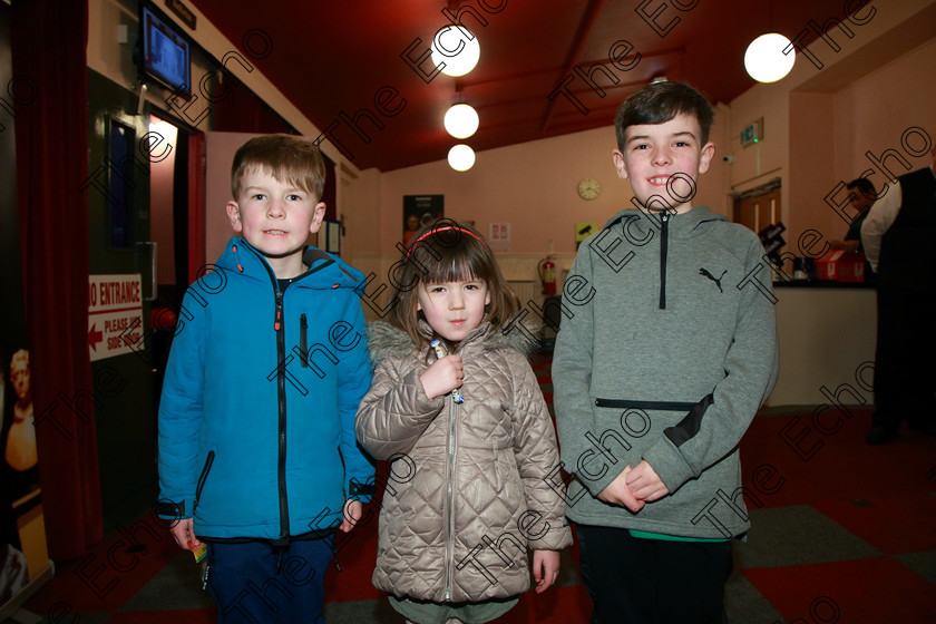 Feis24022018Sat63 
 63
Performer Charlie ORiordan with his younger brother Harry and little sister Elsie from Spur Hill.
 Speech and Drama Class: 381: Solo Verse Speaking Boys 8 Years and Under Section 2 Feis Maiti 92nd Festival held in Fr. Mathew Hall. EEjob 24/02/2018 Picture: Gerard Bonus.