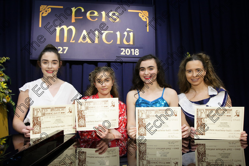 Feis27032018Tue74 
 74
Joint 3rd place Juliette Nyhan, Lilly OConnell, Katie Gallagher and Corey Chandler from Mournabbey and Rochestown.
 Singing Class: 111: The Edna McBirney Memorial Perpetual Cup Solo Action Song 16 Years and Under Section 2 Feis Maiti 92nd Festival held in Fr. Mathew Hall. EEjob 27/03/2018 Picture: Gerard Bonus