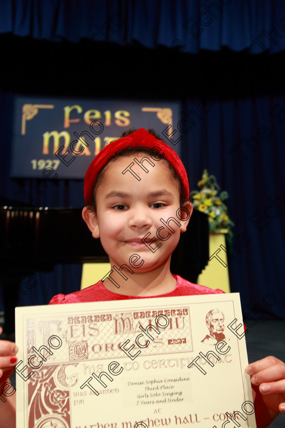 Feis26022019Tue21 
 21
3rd place Deirdre Sophia Considine from Glanmire.

Class: 56: 7 Years and Under arr. Herbert Hughes Little Boats (Boosey and Hawkes 20th Century Collection).

Feis Maiti 93rd Festival held in Fr. Mathew Hall. EEjob 26/02/2019. Picture: Gerard Bonus