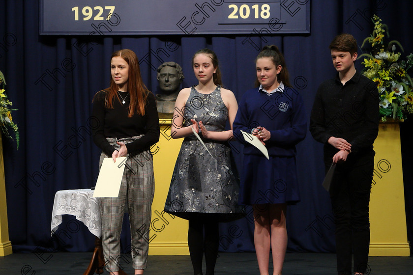 Feis23022018Fri80 
 80
Performers after receiving their certificates Commended Eibhe McManamy, Clodagh Gaffney and Eve Cunningham, 3rd place; James Carroll.
 Speech and Drama Class: 401: Own Choice Verse Speaking 15 Years and Under A Poem of Own Choice; Feis Maiti 92nd Festival held in Fr. Mathew Hall. EEjob 23/02/2018 Picture: Gerard Bonus.