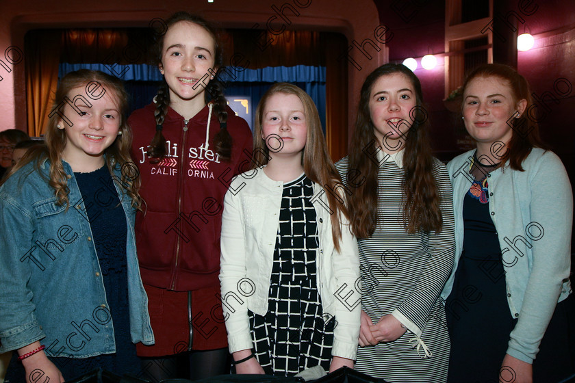 Feis05032018Mon16 
 16
Michelle ODonohoe, Lucy Aherne, Sinead Magnier, Roisn Cahill and Ella Fahy from Fermoy.
 Singing and School Choirs Class: 53: Girls Solo Singing 13 Years and Under Section 2 Feis Maiti 92nd Festival held in Fr. Mathew Hall. EEjob 05/03/2018 Picture: Gerard Bonus.