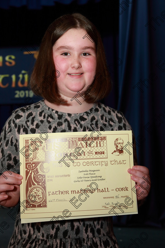 Feis22032019Fri10 
 10
3rd place Isabelle Maguire from Killeens.

Class: 365: Solo Verse Speaking Speaking Girls 10 Years and Under10Year sand Under Section 3. Either: Meeting Rachel Field or. Or: Wanted A Witches Cat Shelagh McGee.

Feis Maiti 93rd Festival held in Fr. Mathew Hall. EEjob 22/03/2019. Picture: Gerard Bonus.